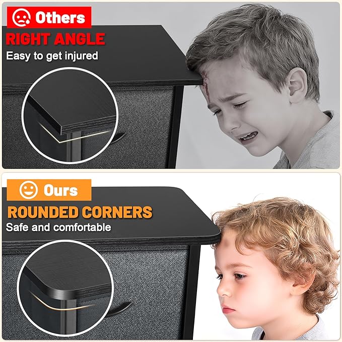 Curved Profile Dresser for Bedroom, Chest of Drawers, 8 Storage Drawers Organizer Unit, Brown Dresser with Fabric Bins for Closet, Living Room, Kid Room (Grey and Charcoal Black)
