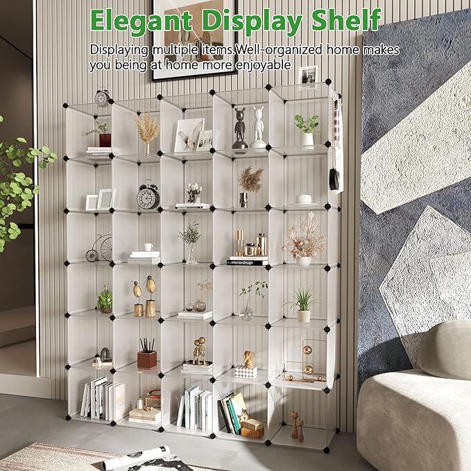 C&AHOME Cube Storage Organizer, 30-Cube Shelves Units, Closet Cabinet, DIY Plastic Modular Book Shelf, Ideal for Bedroom, Living Room, Office, 60.6" L x 12.4" W x 72.6" H Transparent White UPCS30W