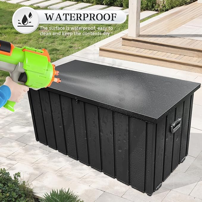 Domi 100 Gallon Deck Box, Metal Outdoor Storage Box with Lock Wheels Side Handles, Waterproof Outside Storage Box for Patio Cushions, Shoes & Pool Tools
