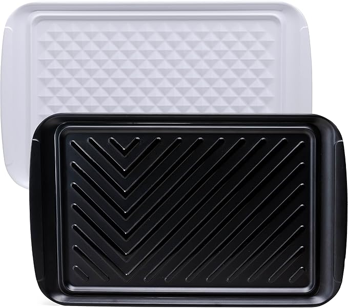 Grilling Prep and Serve Trays, BBQ Tray for Raw and Cooked Food, Melamine Marinating Serving Platter and Grill Tray for Outdoor, Parties and BBQ, Food Trays, Set of 2, Black and White