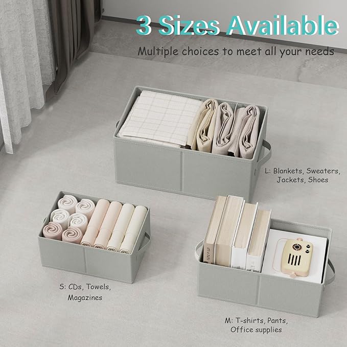 Fabric Storage Boxes for Shelves, 3 Pack Foldable Cloth Bins, Closet Organizers System with 2 Handles, Durable and Sturdy, Saving Space, Grey, 16.1 x 9.8 x 6.5 In, XSNY11GM-3