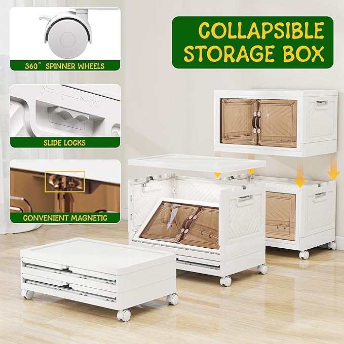 Storage Bins with Lids and Wheels, Collapsible Bathroom Storage Cabinet with Clear Doors, Plastic Stackable Closet Organizers and Storage Containers White 90 QT