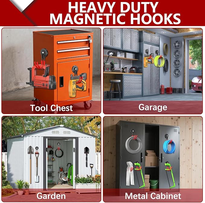 3-H Heavy Duty Magnet Garage Hooks 2 Pack, J Shape Strong Magnetic Hooks for Hanging Cordless Power Drill, Utility Magnetic Tool Holder for Metal Cabinet, Steel Pegboard, Toolbox, Garage(Red)
