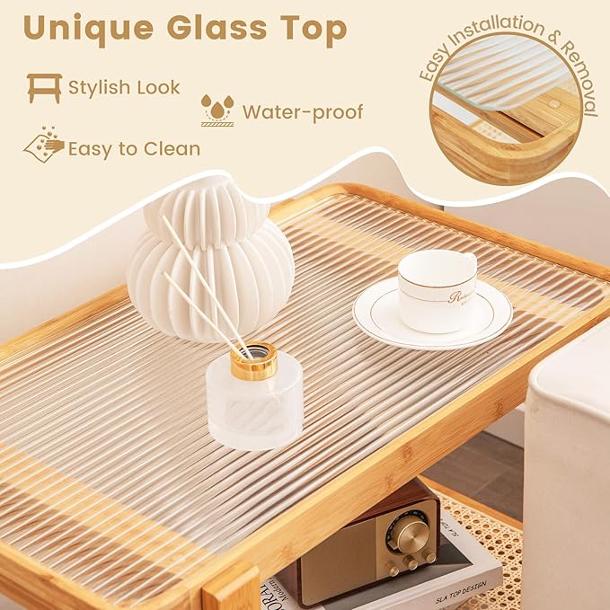 GOFLAME Bamboo Side Table with Glass Top, 2-Tier End Table with PE Rattan Storage Shelf, Home Sofa Side Table, Nightstand Bedside Table, Compact Coffee Table, Accent Table for Bedroom Living Room