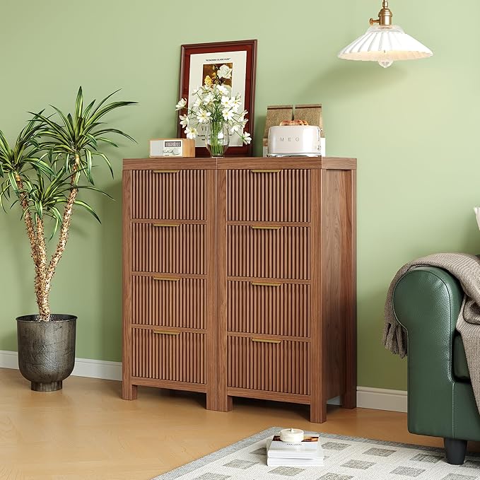 Mid-Century Fluted 8 Drawers Dresser, Modern Wooden Tall Dresser with Smooth Metal Handles, Storage Chest Clothes Organizer for Bedroom, Entryway & Office, Walnut X2