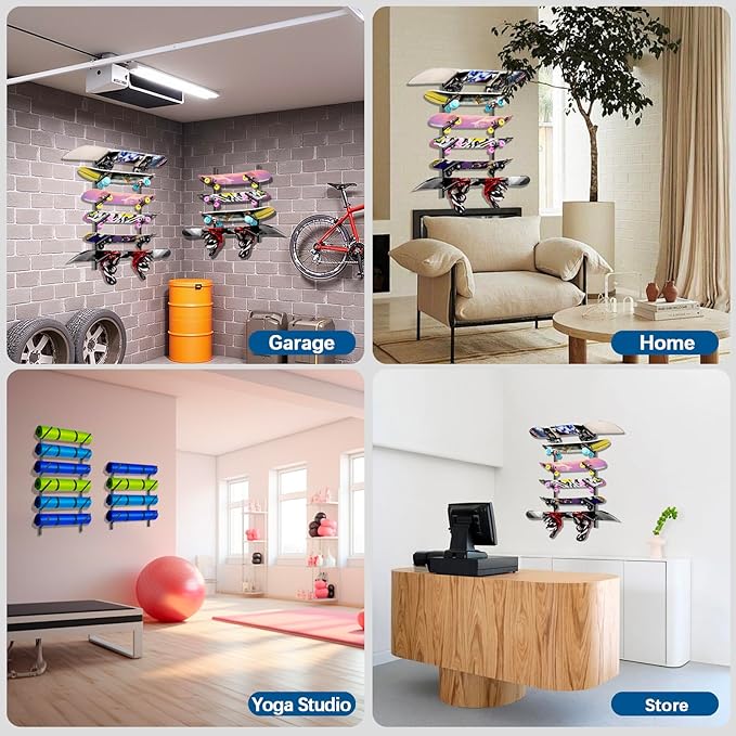 Skateboard Rack Wall Mount – Skateboard Wall Hanger, Snowboard Display Wall Mount, Ski Holder | 4-Floor Skateboard & Ski & Snowboard Storage Rack | Snowboard & Ski Lover Gifts