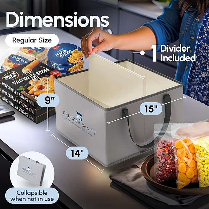 The Original Chest Freezer Organizer Bins, Stackable Storage Organizers, Deep Freezer Dividers, Handles, Heavy-Duty, Water-Proof (2 Pack Regular 15x14x9)