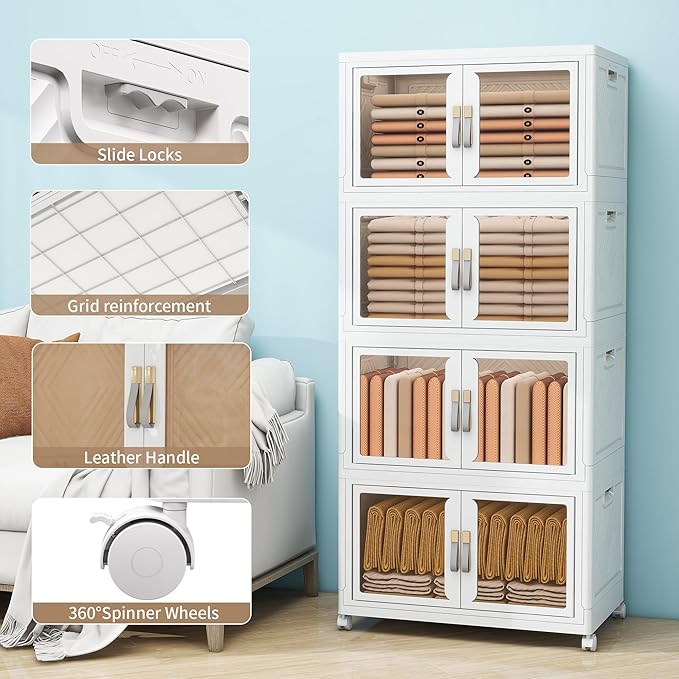 Large Clear Stackable Storage Bins with Lids, Foldable Storage Cabinet for Closet Organizers and Storage, Plastic Storage Box with Wheels 597 QT