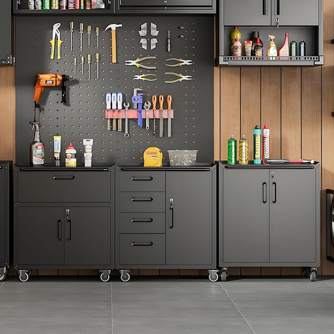 Metal Tool Cabinet,Garage Storage Cabinet System,Wall Cabinet & Locking Rolling Tool Cabinet with Doors and Adjustable Shelves,Steel Tool Cabinets for Home (4 Pcs-StyleC, Black)