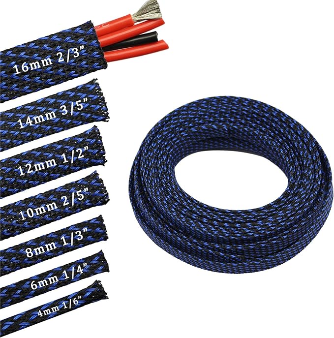 30ft PET Expandable Sleeving Wire Cable Sleeve (1/4", Blue&Black)