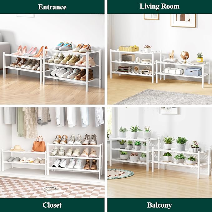Smiry Bamboo Shoe Rack for Closet, 3 Tier Wooden Stackable Shoe Organizer, Free Standing Shoes Storage Shelf for Entryway, Front Door Entrance, White