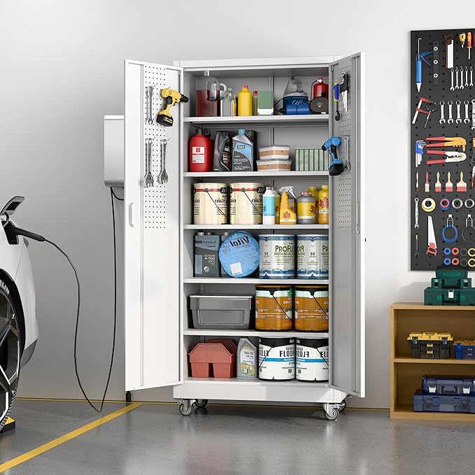 Metal Garage Storage Cabinet with Wheels & Pegboard, Lockable Metal Storage Cabinets with 2 Doors&5 Adjustable Shelves for Garage&Home,Assembly Required,White 71''H x32''W x16''D