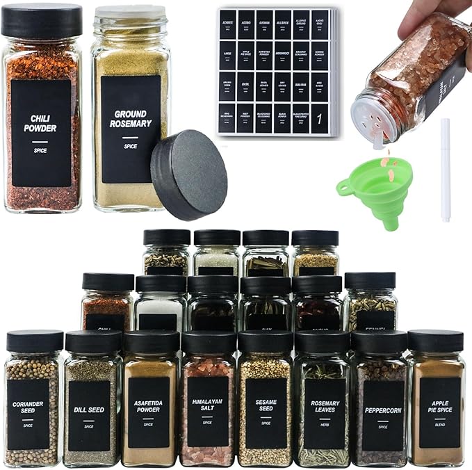 24Pcs Spice Jars Containers with Labels，4oz Black Seasoning Bottles with Shaker Lids for Rack, Cabinet, Drawer,Empty Square Condiment Pots (24, Black)