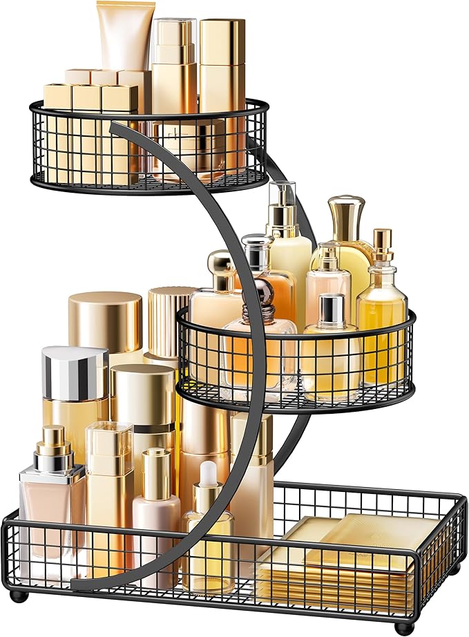 HBlife Makeup Organizer for Vanity, 3 Tier Metal Bathroom Countertop Organizers Skin Care Storage, Bathroom Counter Shelf Skincare Holder Perfume Cosmetic Display, Black