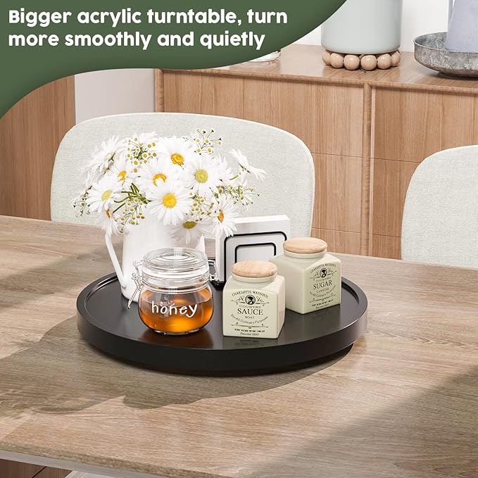 Lazy Susan for Table, 12 Inch Non-Skid Bamboo Turntable Organizer for Salt Pepper Spices and Olive Oil Next to Stove, Wooden Rotating Tray for Kitchen Countertop Organizer Black