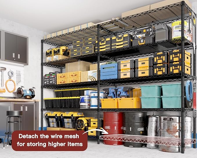 PrimeZone 5 Tier 72" W x 16''D x 76''H Metal Storage Wire Shelves - Heavy Duty Standing Garage Shelving Unit, Adjustable Steel Wire Rack Utility Shelf for Warehouse Kitchen Pantry Corner, Black