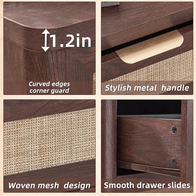 LEYAOYAO Rattan Night Stand Set of 2 with Charger Station, 23" Large 3 Drawer Boho Nightstand, Walnut Bedside Table Storage Cabinet, Bed Side End Tables for Bedroom, Living Room, Hallway