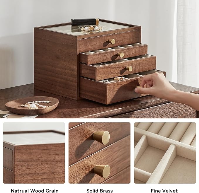 Black Walnut Wooden Jewelry Box for Women large 4 Layer Drawer Organizer Box with Glass Lid for Necklaces, Watch, Necklace, Ring, Earring Storage - Christmas Gifts