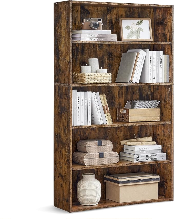 VASAGLE Custos Collection - Bookshelf, 5-Tier Bookcase, Book Shelf, Open Storage Shelf, 9.4 x 30 x 52.8 Inches, for Living Room, Home Office, Dinning Room, Rustic Brown ULBC175X01