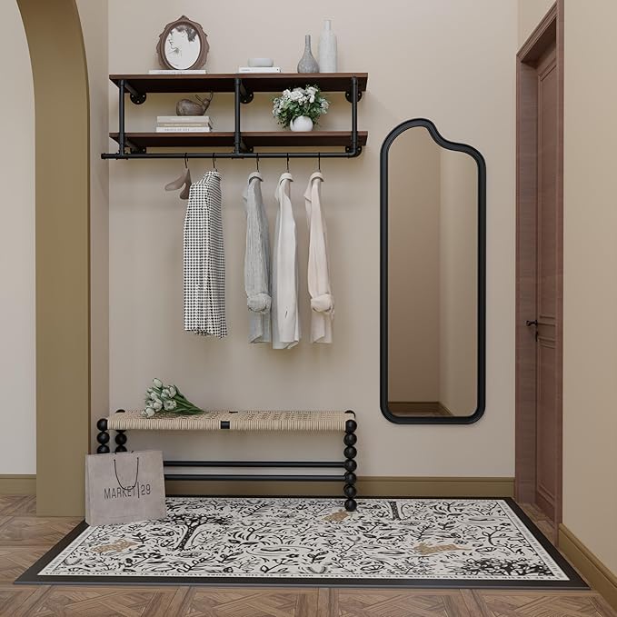 Wall Mounted Clothes Rack 12 Inch Deep, 48 Inch Heavy Duty Garment Rack with Real Walnut Wood Shelf, Multi-Purpose Hanging Rod & Space-Saving Closet Storage Organizer