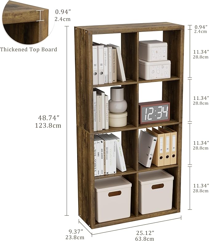 Cube Storage Organizer Bookcase, Decorative 11 inch Open Back Cubical Shelf with Thickened Border, Display Bookshelf for Living Room, Home Office, Sturdy Room (Brown, 8 Cube)