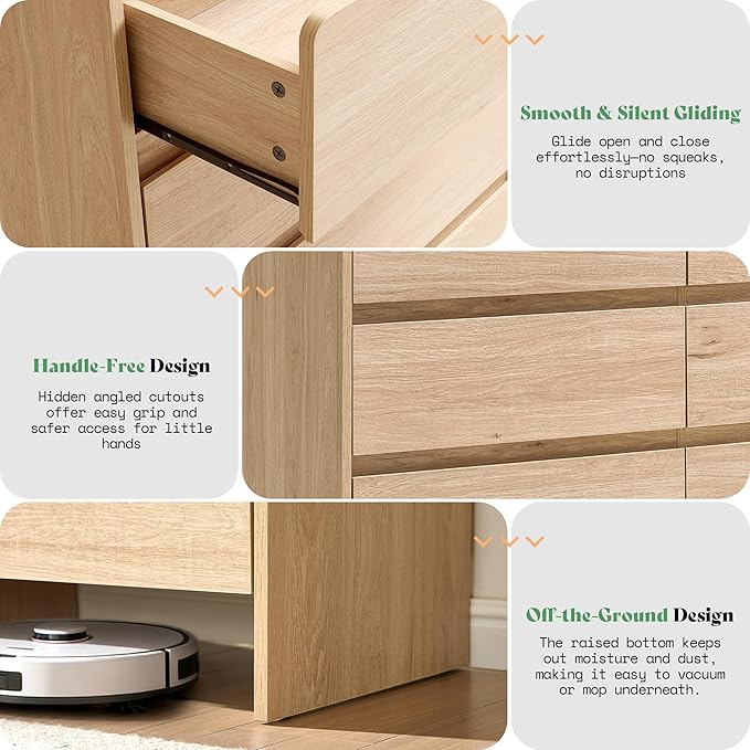 AMERLIFE Drawer Dresser for livingroom, Modern Chest of Storage Drawers with Rounded Corners, Wood Cabinet Organizer for Apartment, Nursery, Easy Assembly, Natural Oak
