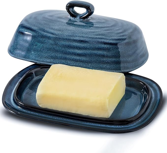 Hasense Butter Dish with Lid, Porcelain Butter Container with Handle for Countertop, Large Butter Keeper & Holder with Cover for West East Coast Butter, Farmhouse Kitchen Decor for Gift, Blue