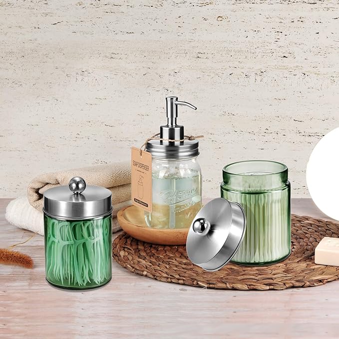Amolliar Sage Green Qtip Holder, Glass Apothecary Jar Metal Lid & Sticker, Bathroom Qtip Dispenser Storage Canister, Perfect for Cotton Balls, Swabs, Round Pads, Bath Salt, Floss,Brushed Nickel 2 Pack