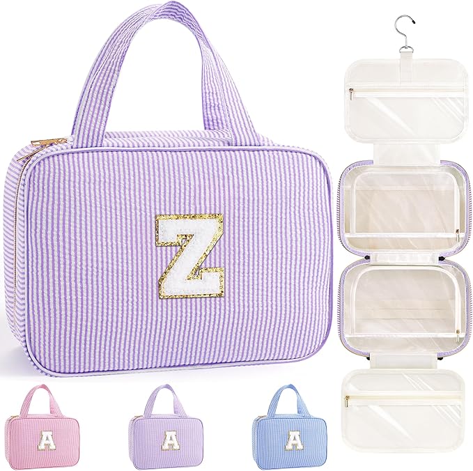 TOPEAST Hanging Toiletry Bag for Women - Travel Toiletry Bag Makeup Bag, Portable Toiletries Cosmetic Bag, Airplane Travel Essentials - Letter Z, Purple