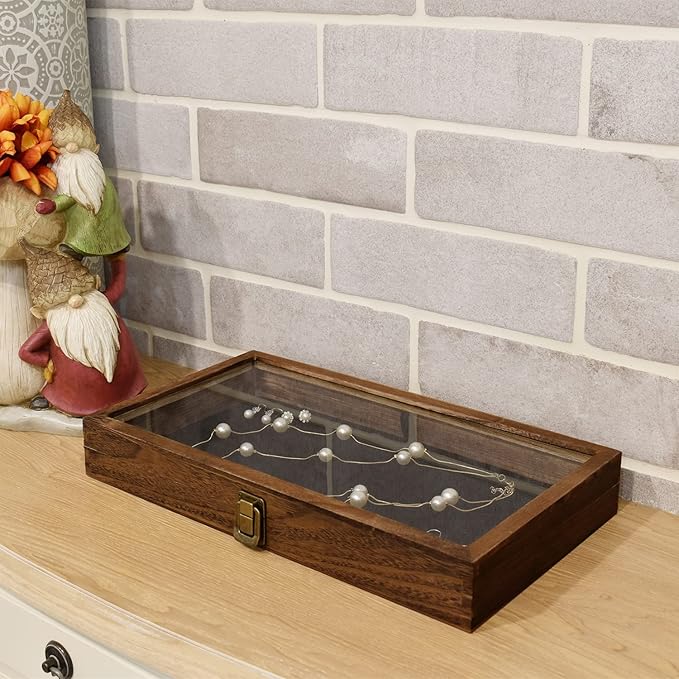 MOOCA Wooden Jewelry Display Case with Tempered Glass Lid and Removable Black Luxurious MDF Velvet Jewelry Display Pad, Pocket Knife Eyewear Case, Brown Color