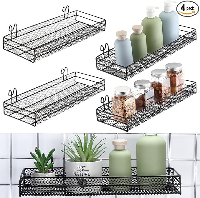 4 Pcs Black Metal Grid Wall Baskets with Hooks Hanging Wire Mesh Basket for Gridwall Wall Mounted Storage Organizer for Home Kitchen Organizing Display