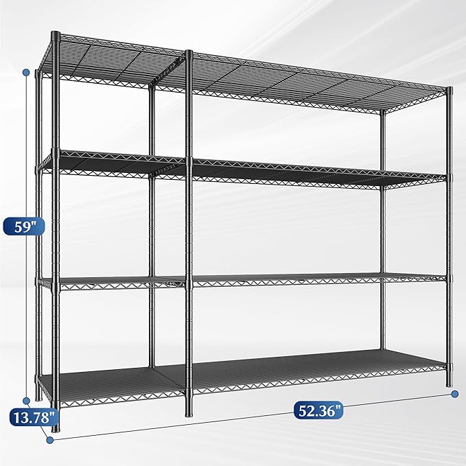 RRomorgniz 52.4W Wire Shelving Rack, 4Tier Metal Shelving Unit,1120LBS Heavy Duty Storage Shelves,Adjustable Pantry Shelves, Metal Shelf and Storage Rack,Industrial Shelving 52.4Wx13.8Dx59H,2PCS
