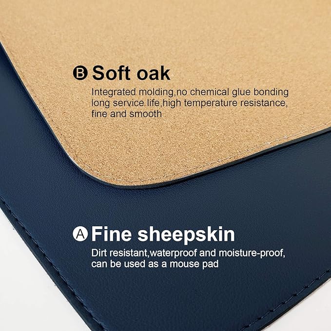 DAWNTREES Dual Sided Desk Mat,Leather Desk Pad,35.5"x17",Cork Desk Mat Protector,with PU Leather Valet Tray Organizer,Large Mouse Pad,Desk Writing Pad for Office and Home(Dark Blue)