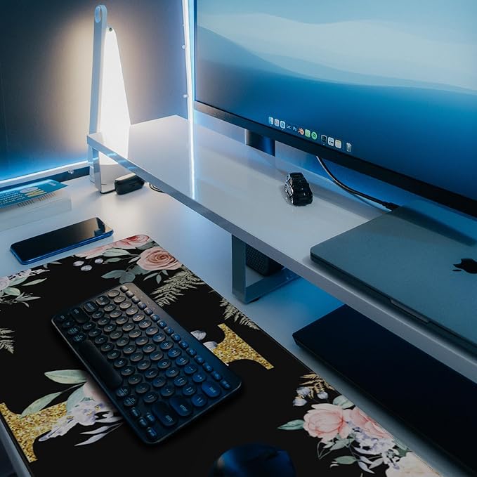 Desk Mat, Flower Golden Letters I Extended Gaming Mouse Pad Large, 35.4"x15.7" Big Mouse Pad with Non-Slip Base and Stitched Edge, Long Computer Keyboard Mouse Mat for Home Office Work
