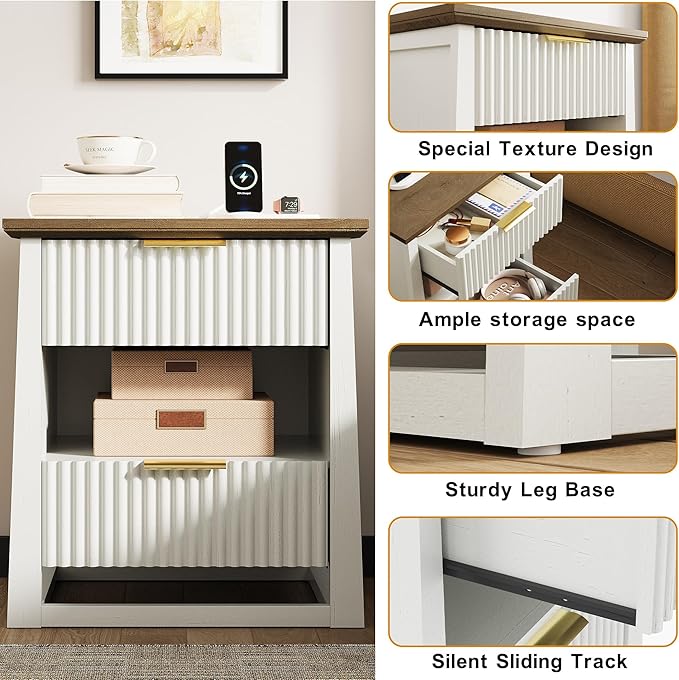 HIFYOBRO Fluted Nightstands Set of 2 with Charging Station & Motion Sensor Light, Modern Bedside Tables with 2 Drawers and Storage Shelf for Bedroom, White