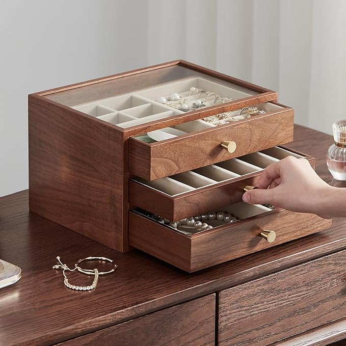 CHOSIN Black Walnut Wooden Jewelry Box for Women, 3-Layer Wood Jewelry Organizer with Glass Lid for Watches, Necklaces, Rings & Earrings Storage Christmas Gifts