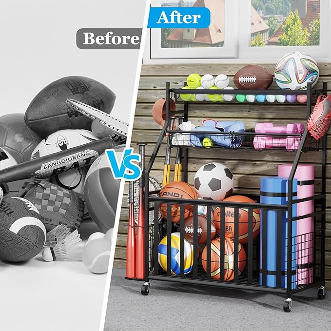 Garage Sports Equipment Organizer,Sports Ball Organizer with Wheels,Basket,Ball Organizer with Baseball Bat Rack and HooksToy Storage Rolling Cart-Black