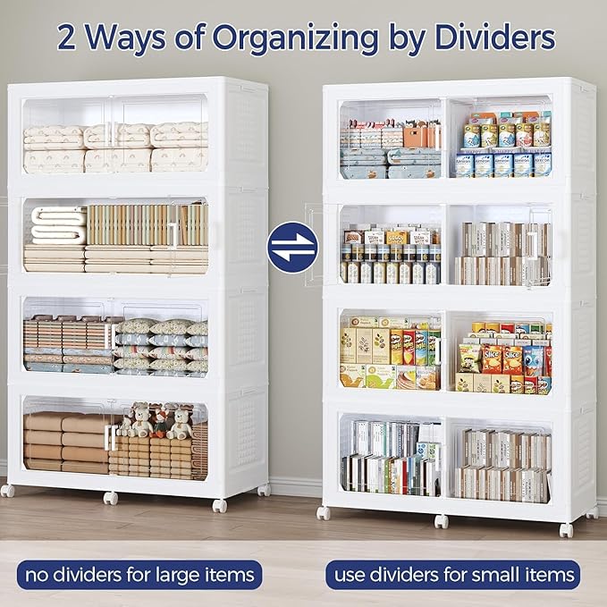 120Gal Stackable Storage Bins with Lid, 480Qt Extra Large Collapsible Storage Box with Wheels, Dividers, Folding Plastic Cabinet Closet Organizers for Home Kitchen Office Dorm, 3Pack White
