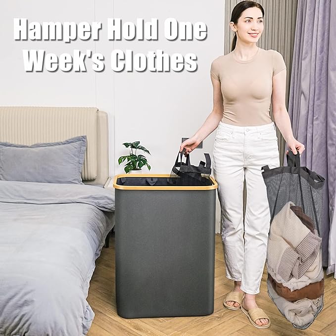 Hampers for Laundry Basket with Lid, 160L Extra Large 3 Section Clothes Divided Organizer for Bedroom, Laundry Room, Dirty Clothes Hamper, Grey