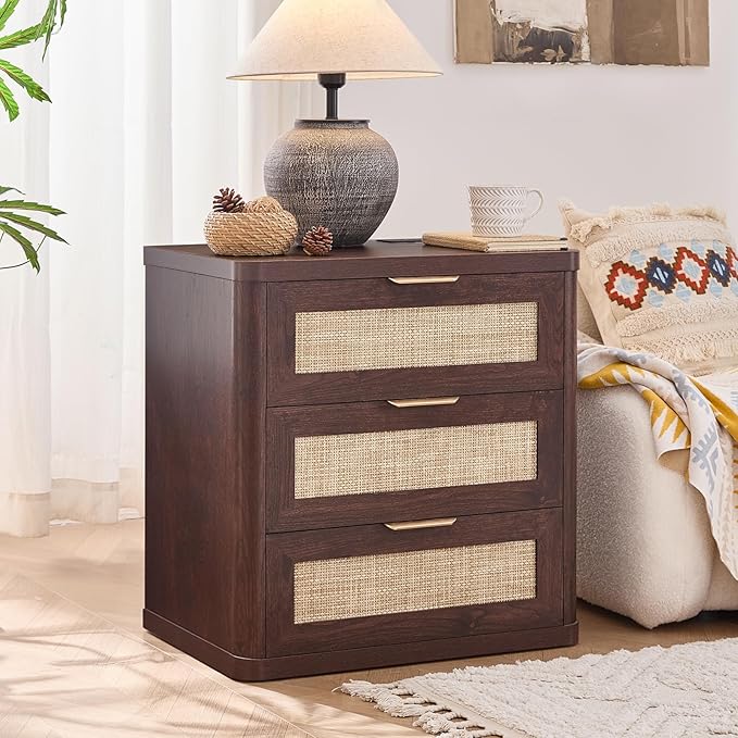 LEYAOYAO Rattan Night Stand Set of 2 with Charger Station, 23" Large 3 Drawer Boho Nightstand, Walnut Bedside Table Storage Cabinet, Bed Side End Tables for Bedroom, Living Room, Hallway