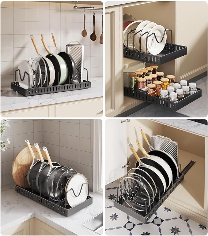 Pull Out Pots and Pans Organizer Under Cabinet, Sliding Lid Holder and Pan Rack in Kitchen, Slide Out inside Cabinet Storage for Pot Lid, Bakeware, Dishes, 8 Adjustable Dividers, 2 Pack Black