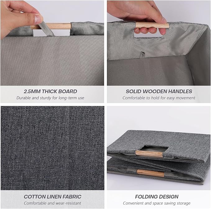 Fabric Storage Bin 3 Pack Foldable Cotton Linen Storage Basket with Wooden Handles Rectangular Cube Box - Gray, Medium