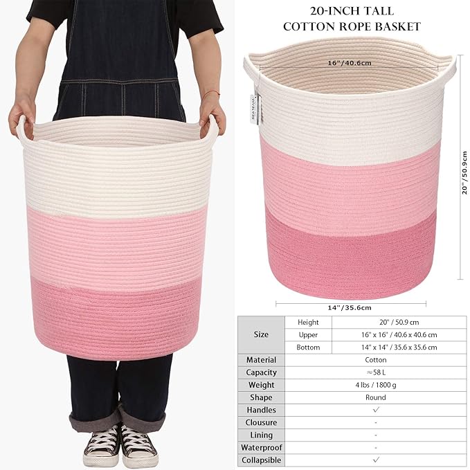 Sea Team Large Size Cotton Rope Woven Storage Basket with Handles, Laundry Hamper, Fabric Bucket, Drum, Clothes Toys Organizer for Kid's Room, 20 x 14 inches, Round Open Design, White & Pink