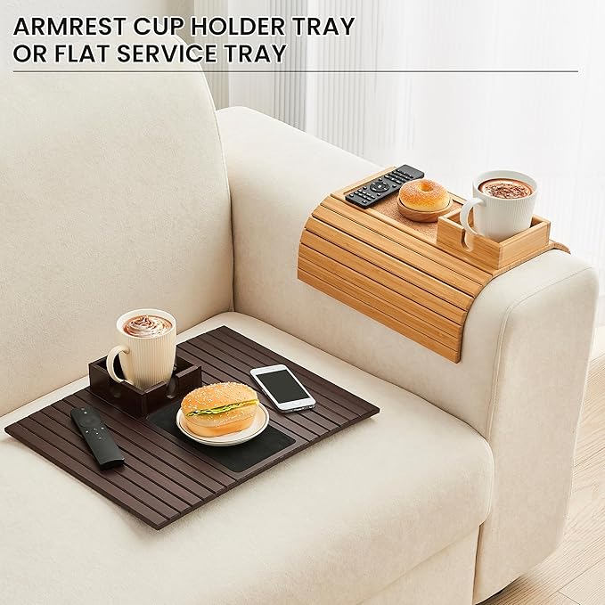 Bamboo Couch Cup Holder, Foldable Sofa Arm Tray, Anti-Slip Couch Aremrest Tray Table for Drink, Cup, Remote, Snacks, Cellphone, Portable, Bamboo/Cork Color