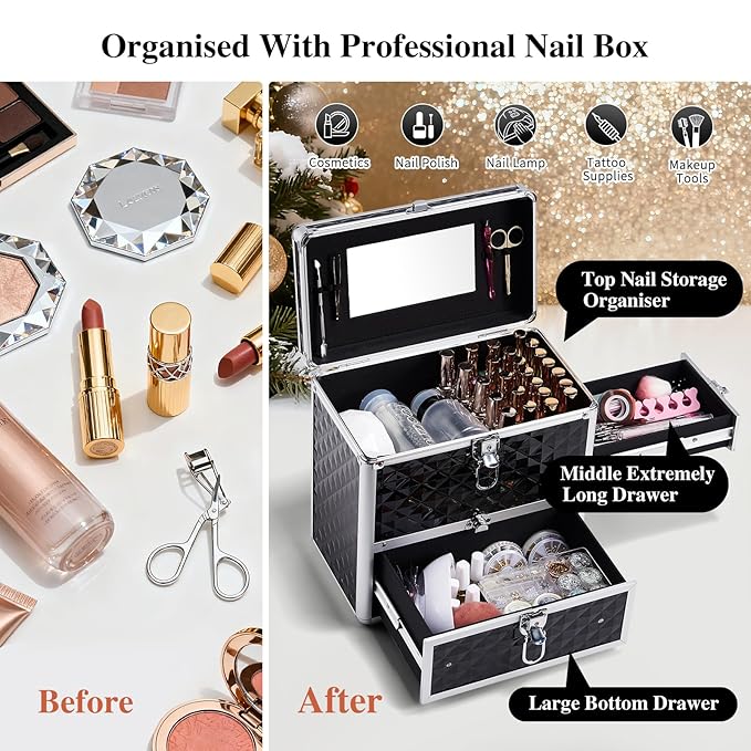 Frenessa Nail Polish Makeup Train Case with Drawer and Dividers Manicure Organizer Accessory Storage Makeup Box With Mirror Lockable Keys Nail Kit Organizer Cosmetic Case Jewelry Box - Black