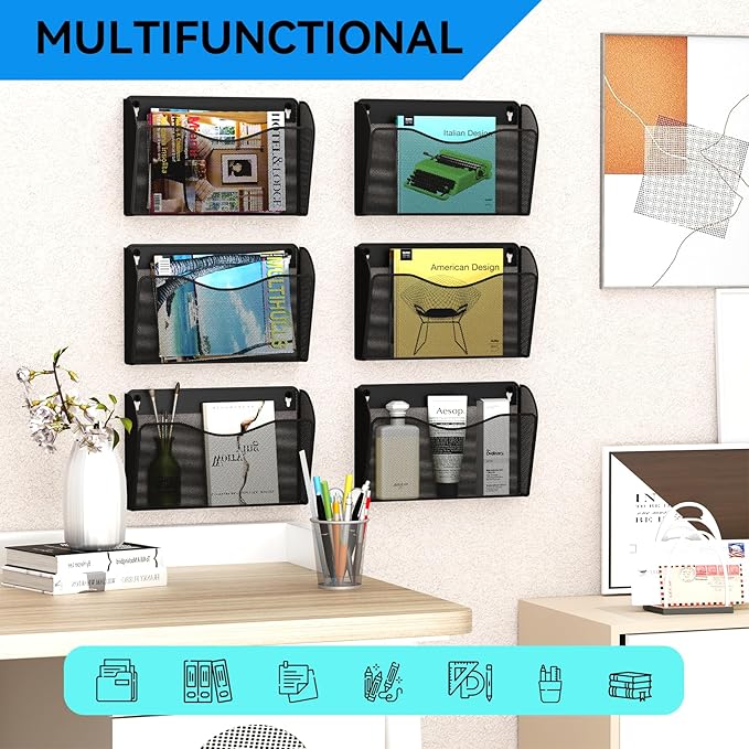 6 Single Pocket Wall File Holder, Mesh Hanging File Folder Paper Organizer, Vertical Wall Mounted Mail Basket, Storage Organization Magazine Rack for Office, Home and School, Black