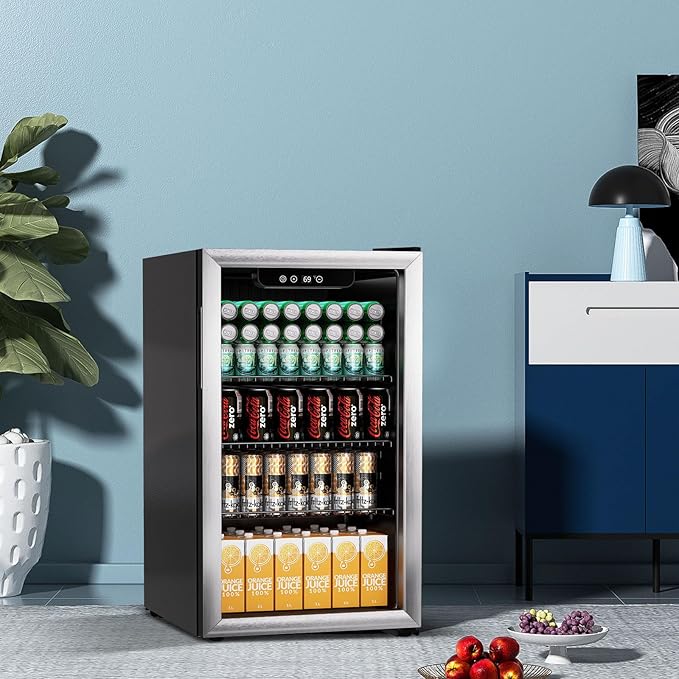 105 Can Mini Fridge - 3.0 Cu.Ft Beverage Refrigerator with Reversible Glass Door for Soda Wine Beer, Adjustable Temperature Control for Home Office Bar, Black(37-61 ℉)