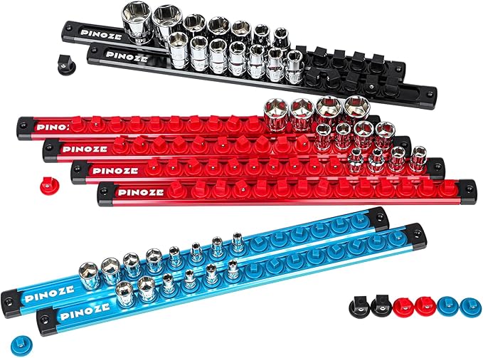 8PCS Magnetic Socket Holder Organizer Set - 1/4, 3/8, 1/2 - Aluminum Alloy Socket Rail Trays for Tool Box Drawer, Socket Rack Kit with 114Pcs Clips for Automotive Garage(Blue Red Black)