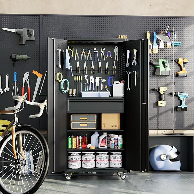 Metal Garage Cabinet with Wheels,71''H Rolling Lockable Steel Tool Cabinet with Pegboard & 1 Drawer for Garage,Home,Office Assembly Required,Black
