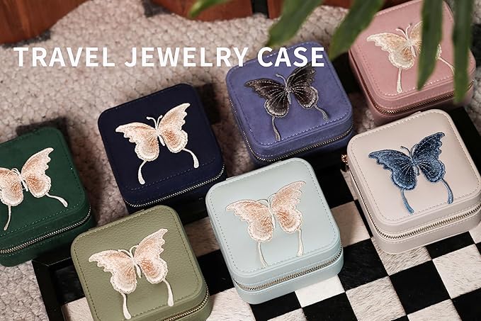 S.Leaf Travel Jewelry Organizer Boxes for Women Small Portable Necklace Earrings Bracelet Rings Travel Case Best Friend Birthday Gifts for Women Trendy (Butterfly_Hazeblue_Gray)